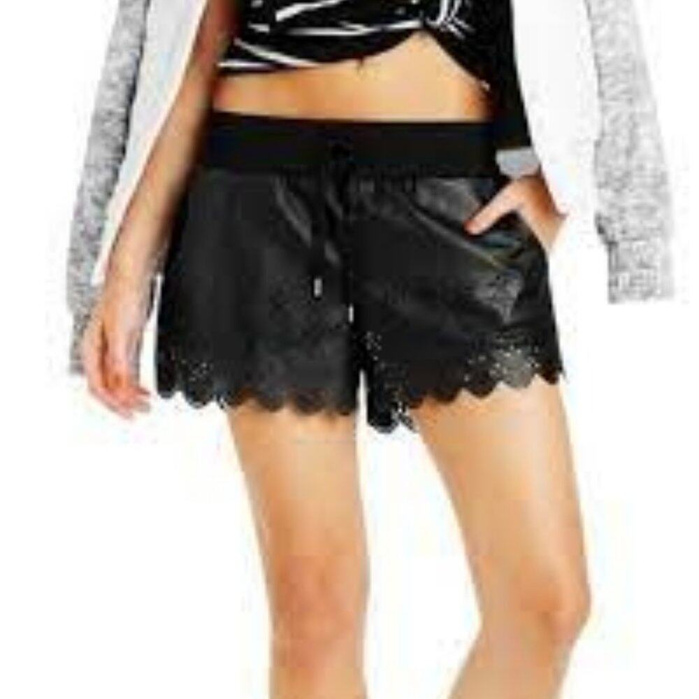 Lorna Jane Shorts Women M Lady Luxe Black Vegan Leather Laser Cut Scalloped Hem